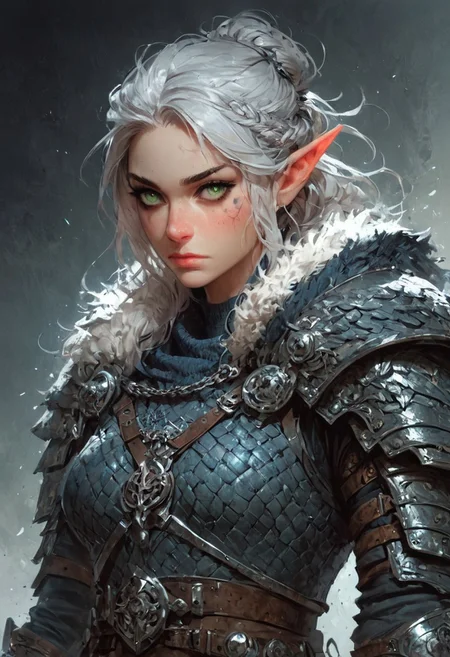 score_9, score_8_up, score_7_up, woman, simple background, dark background, green eyes, gorgeous, elf, fur outfit, black viking outfit, pale skin, solo, dark blue heavy armour, dark blue medieval armour, dark blue chainmail, mythril armour, elven ornaments, fur cloak, standing up straight, calm face, runic tattoos, silver hair, closed mouth, cowboy shot