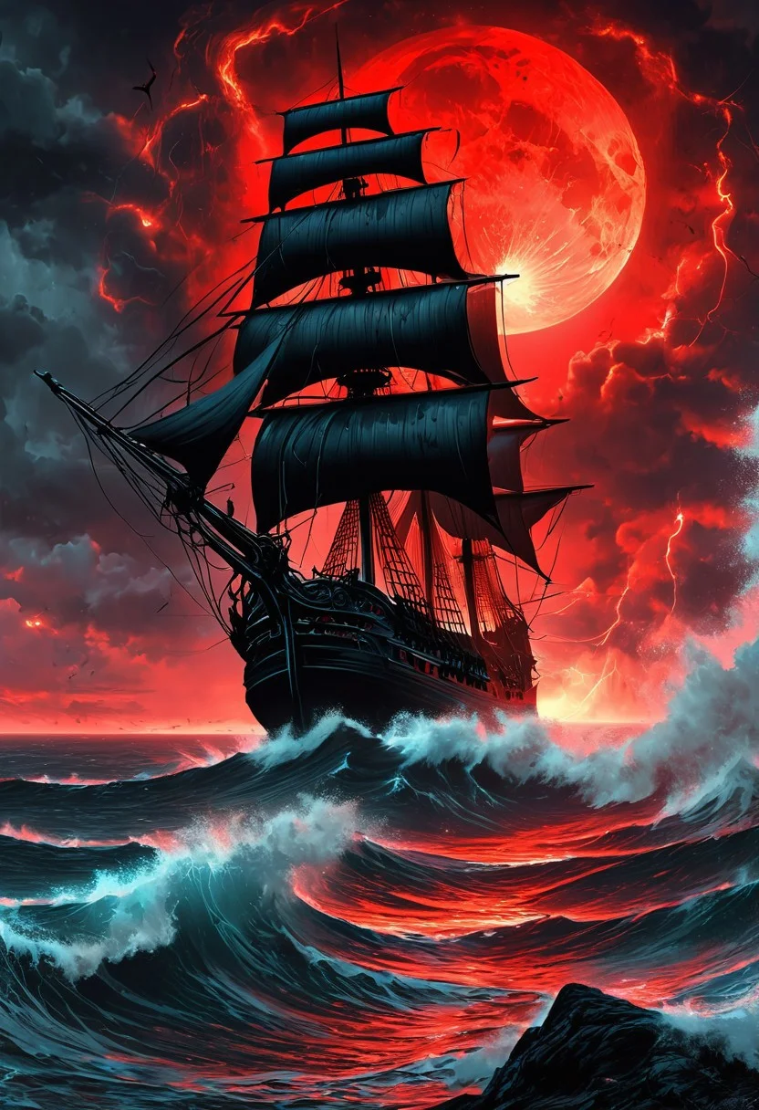 A captivating night scene illustration featuring a large and tall and ominous black 17th century haunted sailing ship sailing on the forboding and haunted ocean. This enchanting artwork captures a dark and ominous night, where an ominous red bloodmoon hangs above the scene with red lightning bolts striking down from dark clouds, creating a cinematic experience., illustration, cinematic
<lora:DonM3t3rn1tyXL-v1.1:0.7>, DonM3t3rn1tyXL,
OverallDetailXL <lora:MJ52:0.3> <lora:SDXLFaeTastic2400:0.4> <lora:EpicF4nta5yXL:0.7>