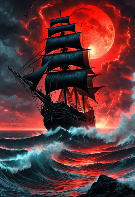 A captivating night scene illustration featuring a large and tall and ominous black 17th century haunted sailing ship  sailing on the forboding and haunted ocean.  This enchanting artwork captures a dark and ominous night, where an ominous red bloodmoon hangs above the scene with red lightning bolts striking down from dark clouds, creating a cinematic experience., illustration, cinematic
<lora:DonM3t3rn1tyXL-v1.1:0.7>, DonM3t3rn1tyXL,
OverallDetailXL  <lora:MJ52:0.3>  <lora:SDXLFaeTastic2400:0.4>  <lora:EpicF4nta5yXL:0.7>