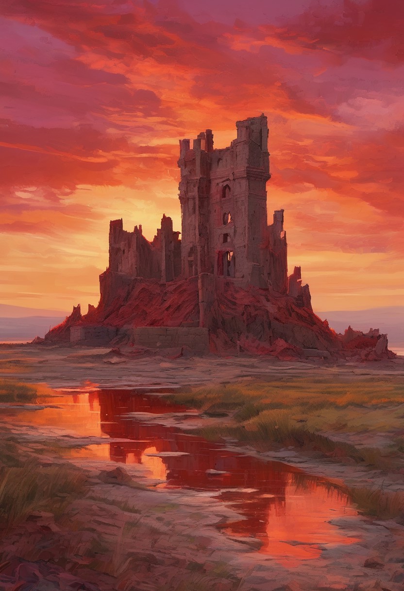masterpiece, 8k, UHD, best quality, high res, amazing quality, 
soft painting, absurdres,
Under the crimson sunset sky, on the shore of a dried-up lake, the tall ruins of an ancient castle rise up into the sky, surrounded by scorched earth.
awesome background, 
high detailed, intricate,
linquivera, liiv1