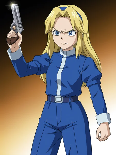 <lora:Maria Robotnik (SxSG):0.9> sxsgdbmaria, blonde hair, source_anime, angry, holding pistol
