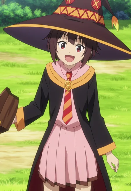 score_9, score_8_up, score_7_up, source_anime,
BREAK
1girl, solo, anime screencap, anime coloring,
<lora:shiMeguminV1:1.0>,
shimeguschool, academyuniform, short hair, brown hair, long sleeves, red eyes, pink dress, pleated skirt, black cape, witch hat,
grass, diagonal-striped necktie,
black cat, chomusuke,
looking at viewer, smile, open mouth,