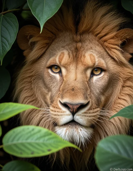 nature photo of a majestic lion, hiding in the leaves, beautiful eyes, macro shot, colorful details, natural lighting, amazing composition, subsurface scattering, velus hairs, amazing textures, filmic, soft light