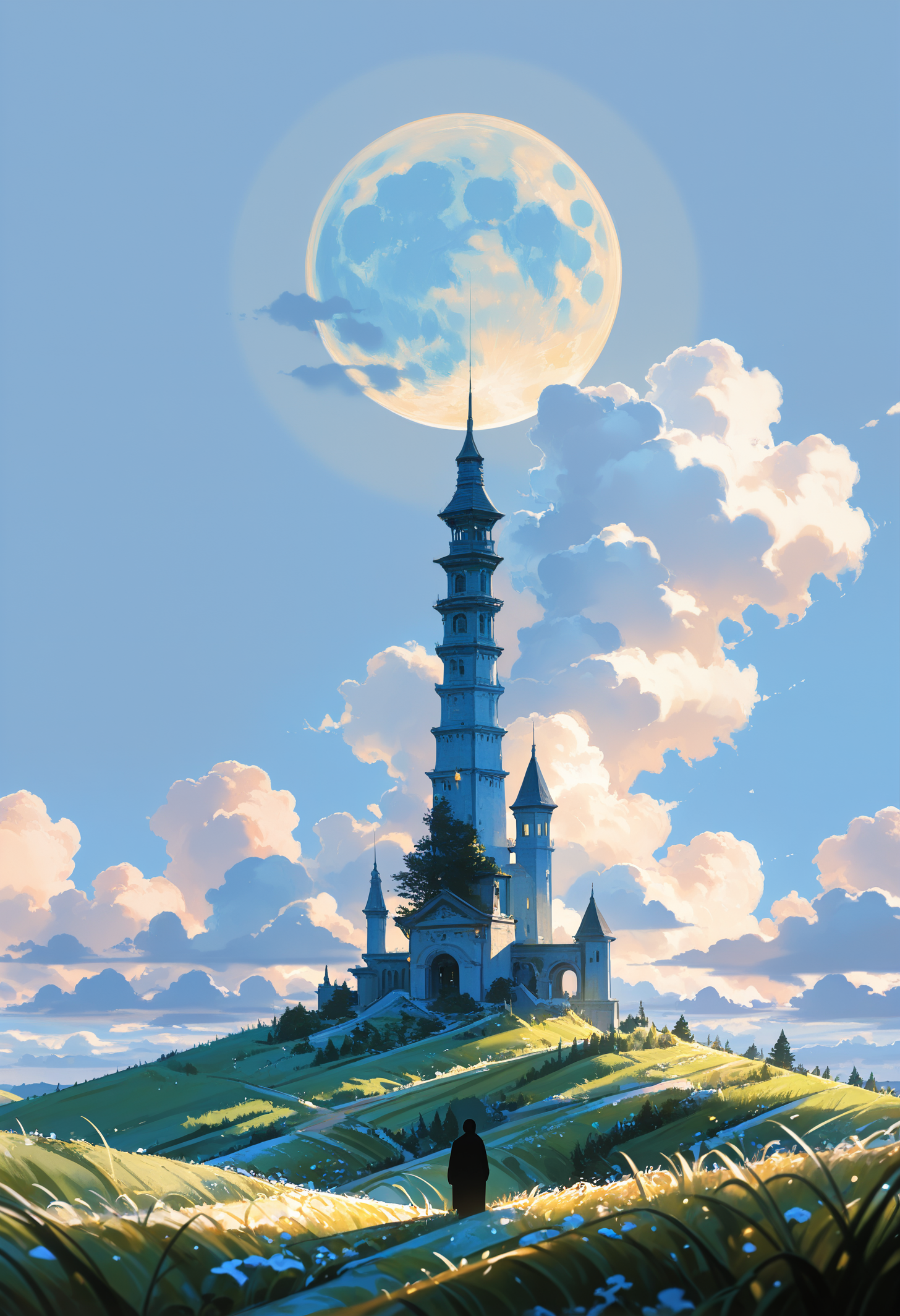 masterpiece, best quality, good quality, very awa, very aesthetic, absurdres, newest, solo, 1boy, outdoors, sky, day, cloud, moon, grass, scenery, tower, photo \(medium\), painterly, no lineart, blending, volumetric lighting, opill, 748cmstyle, wat