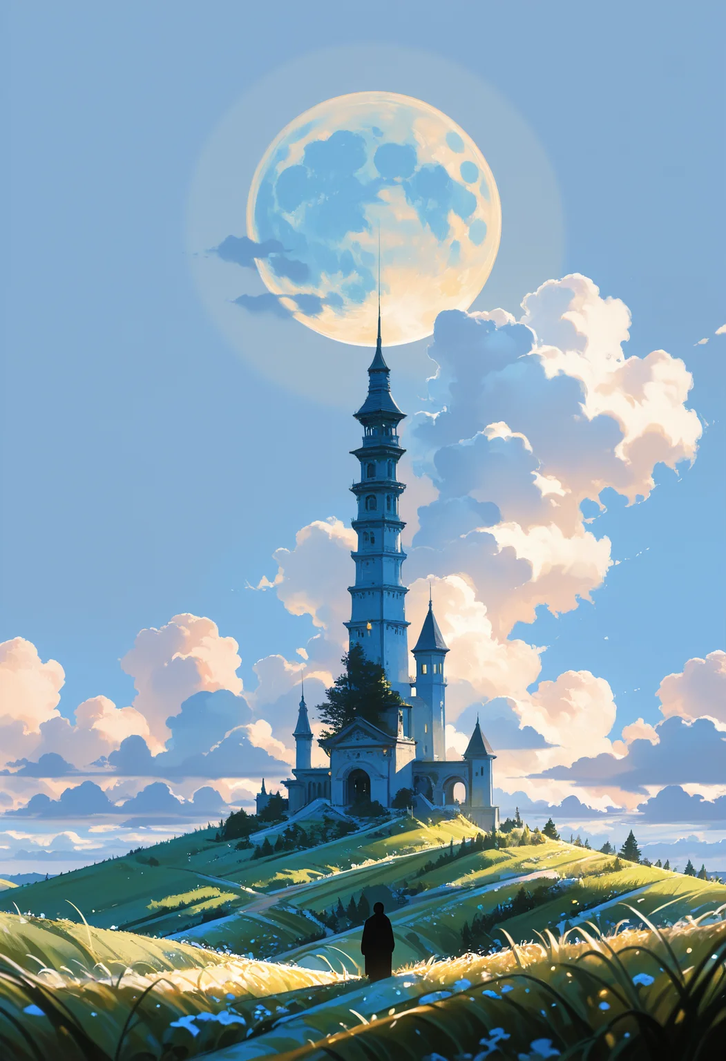 masterpiece, best quality, good quality, very awa, very aesthetic, absurdres, newest, solo, 1boy, outdoors, sky, day, cloud, moon, grass, scenery, tower, photo \(medium\), painterly, no lineart, blending, volumetric lighting, opill, 748cmstyle, wat