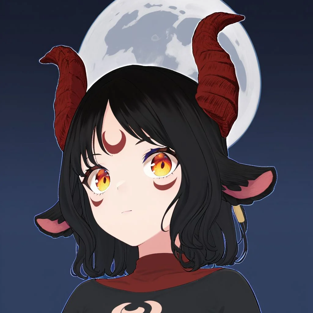 Aluki, 1 girl, solo, moon mark on forehead, only jet black hair, orange eyes, black goat ears only, red goat horns, medium hair, orange eyes, blue eyeliner, no human ears, intricate details, mark bellow eyes