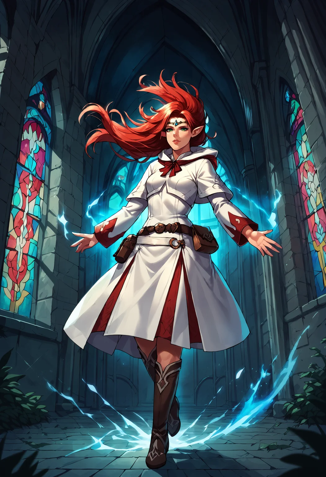 score_9, score_8_up, score_7_up, church, stained glass, spread arms, indoors, ((floating, floating hair, aura):1.5), from below, <lora:White_Mage:.75> white mage, boots, belt, hood, pouch, robe, belt pouch, circlet, elf, pointy ears, red hair, green eyes, straight hair, very long hair, casting spell,  hands glowing