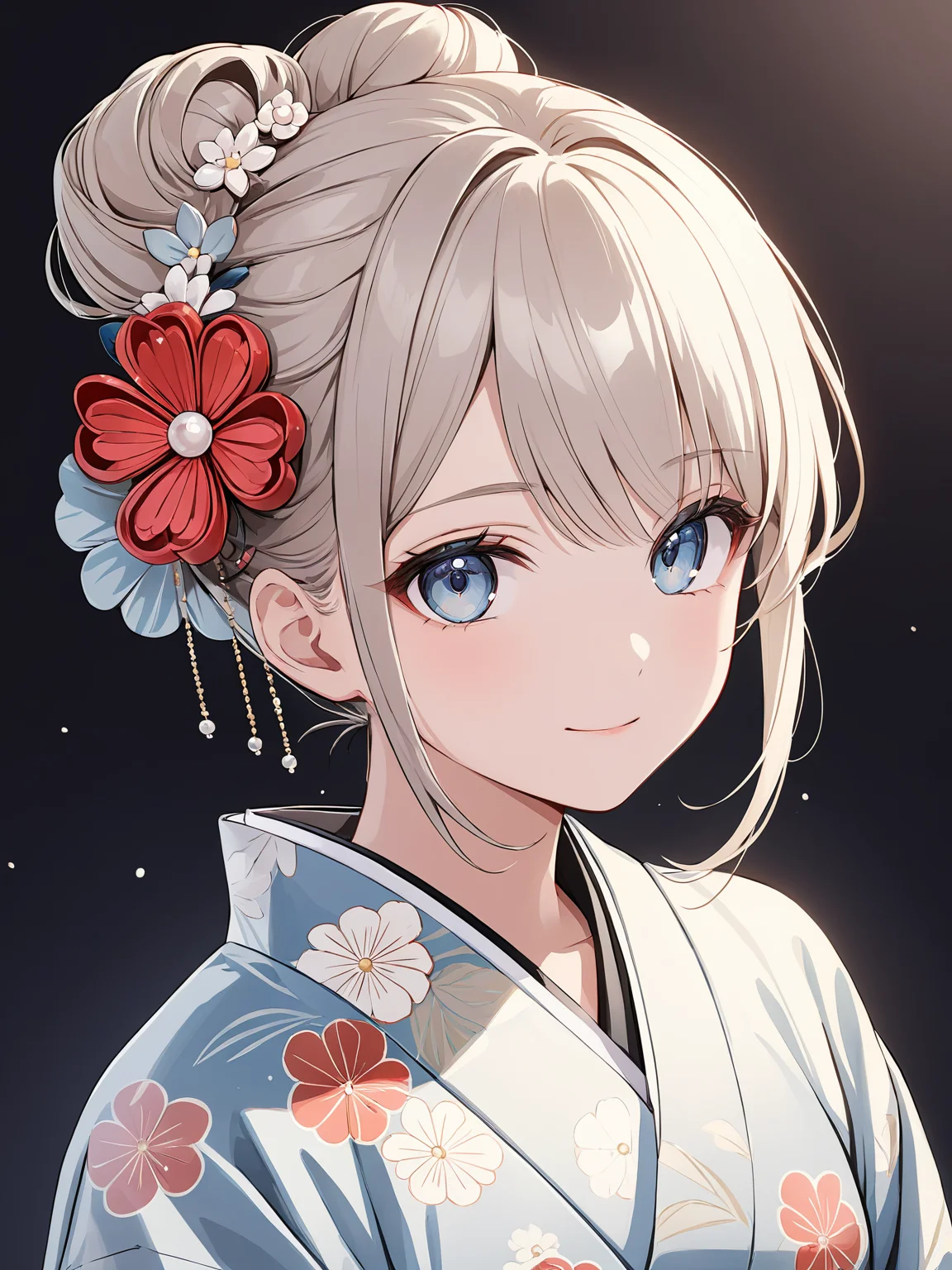 masterpiece,ultra-detailed,best quality,8K,illustration,cute face,clean skin ,shiny hair,girl,ultra-detailed-eyes,simple background, <lora:add-detail-xl:1> <lora:kanzashi_XL_V1.0:0.6> kanzashi, hair flower,hair bun,kimono