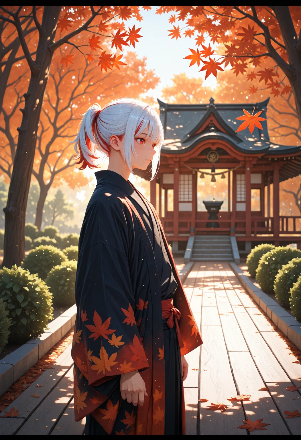 (depth of field, bokeh, highly detailed, textured clothing, absurdres, masterpiece, high_quality, newest, incredibly_absurdres, very_aesthetic, depth_of_field, blurry, blurry_background, bloom, blender_\(artwork\), zbrush_\(artwork\), digital_painting_\(artwork\) light_particles, raytraced, volumetric_lighting)
(1girl, shinto_shrine, cowboy_shot, architecture, shrub, autumn leaves, japanese clothes, solo, tree, leaf, leaf print, 1boy, white hair, male focus, outdoors, maple leaf, wareiza, scenery, letterboxed, autumn, multicolored hair, (falling leaves, dappled_sunlight, drop shadow), kimono, bangs, red eyes, streaked hair, nature, reflection, ponytail)