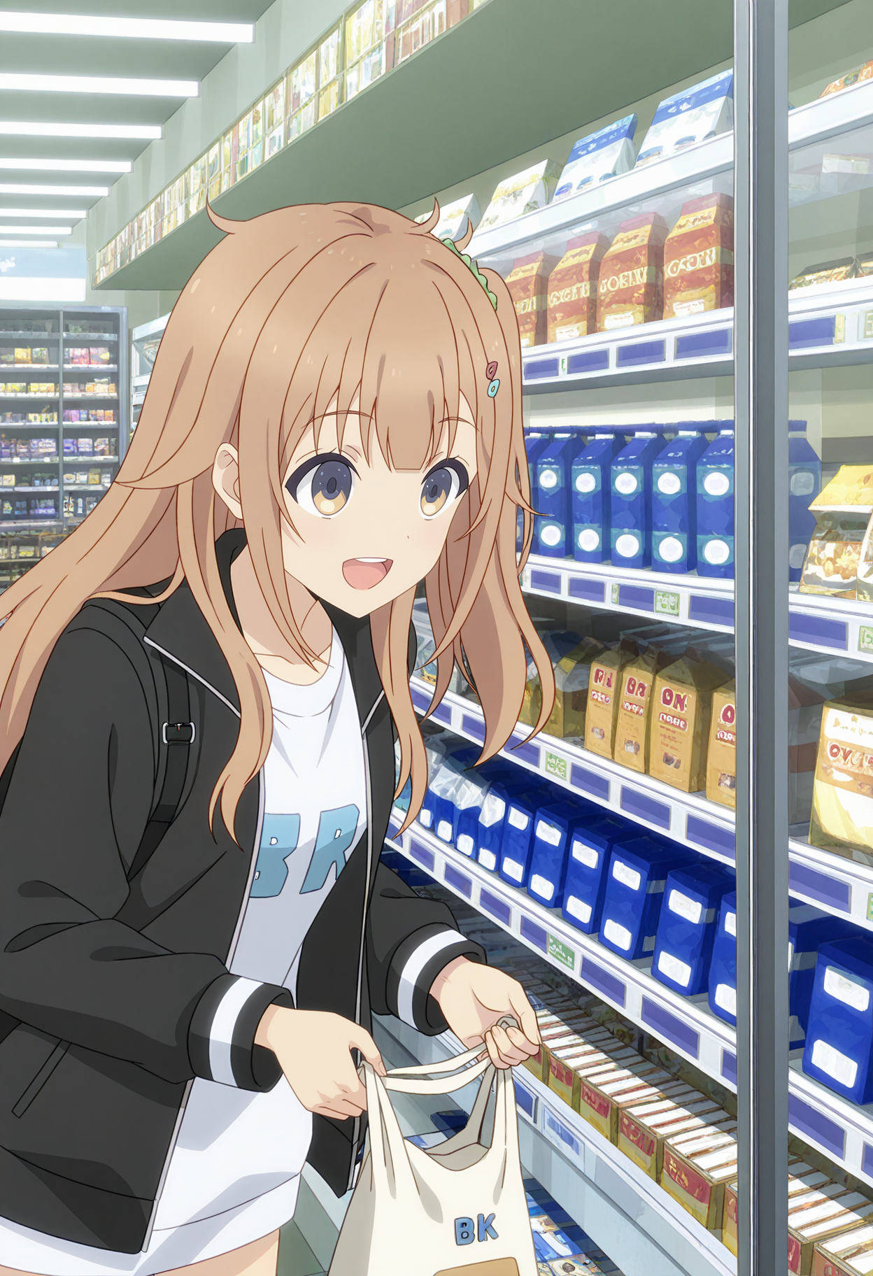 <lora:Shinon Ogawa_illustrious-000038:1>,
Shinon Ogawa, 1girl, solo, jacket, open mouth, hair ornament, smile, indoors, bag, shop, holding, :d, shirt, black jacket, backpack, long sleeves, standing, white shirt, open clothes, open jacket