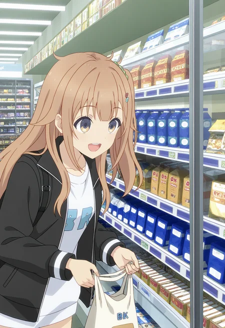 <lora:Shinon Ogawa_illustrious-000038:1>,
Shinon Ogawa, 1girl, solo, jacket, open mouth, hair ornament, smile, indoors, bag, shop, holding, :d, shirt, black jacket, backpack, long sleeves, standing, white shirt, open clothes, open jacket