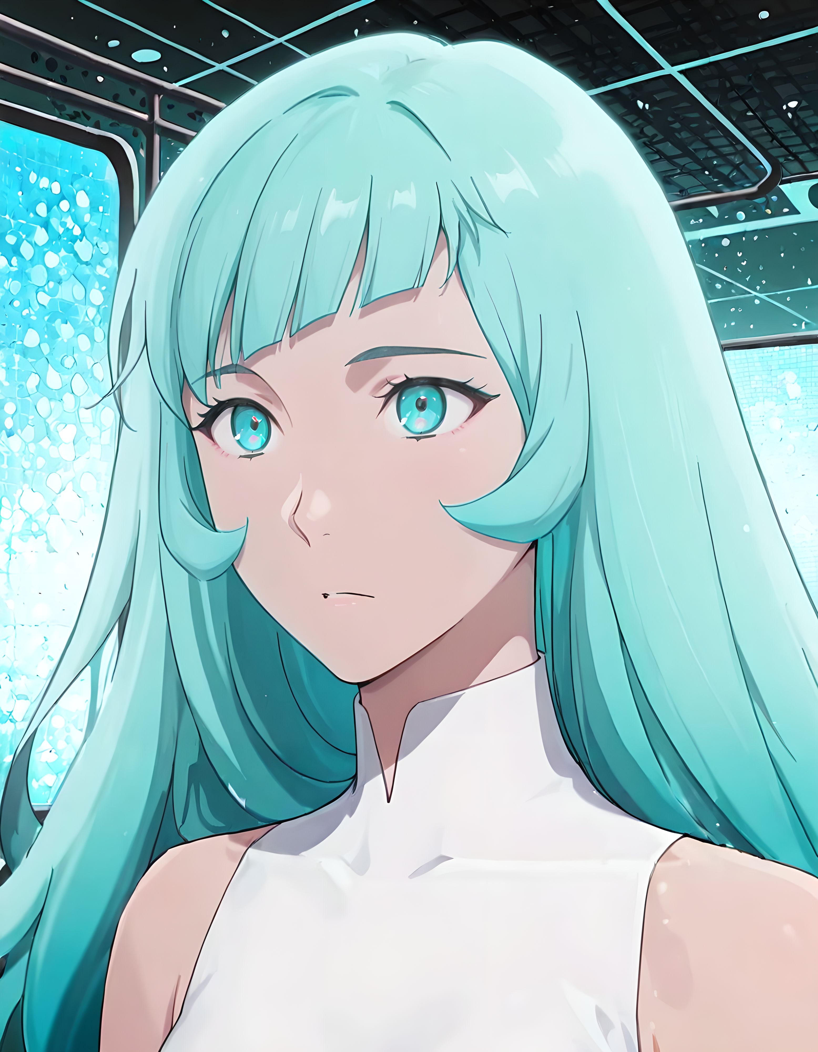 ((Masterpiece, Ultra Detail, Best Quality,Solo))
Digital World Background
<lora:Mist_Pantheon:1> M1st, 1girl, aqua eyes, aqua hair, long hair, bangs