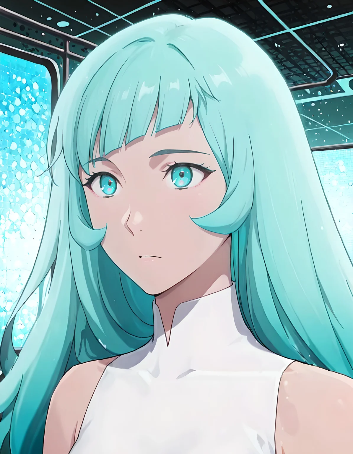 ((Masterpiece, Ultra Detail, Best Quality,Solo))
Digital World Background
<lora:Mist_Pantheon:1> M1st, 1girl, aqua eyes, aqua hair, long hair, bangs