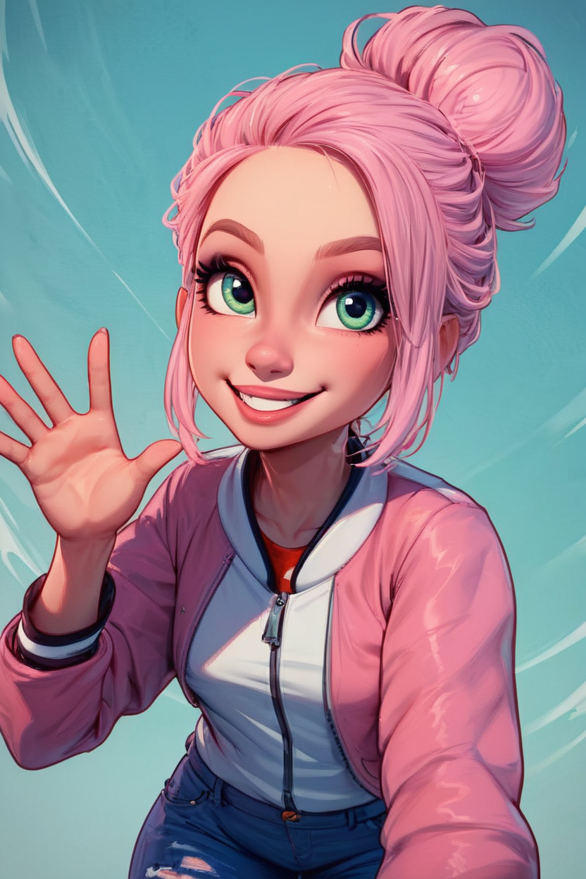 score_9, score_8_up, score_8, medium breasts, (curvy), cute, eyelashes,       BREAK, , zzBrooklynn, pink hair, single hair bun, pink jacket, denim pants,  <lora:Brooklynn_Jurassic_Park_PDXL_v2:0.7>, , BREAK, looking at viewer,  smile, waving, upper body, leaning forward, head tilt,  embedding:zPDXL, Expressiveh, <lora:CatalystStylePDXL:0.6>,  <lora:SDXLFaeTastic2400:0.5>,  <lora:Expressive_H-000001:0.4>,
