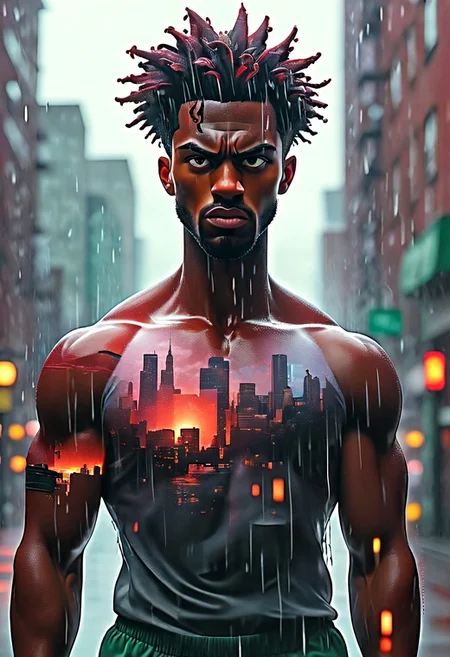 Jed-dblexpsre effect, glitch art photo, novuschroma79 style, merged, anime
epic portrait of muscular black male, (dynamic pose:1.7), (sweat:1.5), (rain:1.5), merging with gym weights, (Boston cityscape:1.7), (Boston Celtics:1.4), (Red Sox:1.4), (double exposure:1.8), surrealist touch, (René Magritte style:1.6), (reality distortion:1.7), glitch art, dreamlike, (floating objects:1.5), (melting buildings:1.5), (distorted gym equipment:1.6), (MC Escher geometric paradoxes:1.8), (nighttime backdrop:1.6), (soft glowing fog:1.7), dramatic lighting, (neon tones:1.6), vibrant colors, (god rays:1.8), massive scale, (85mm lens style:1.8), cinematic depth