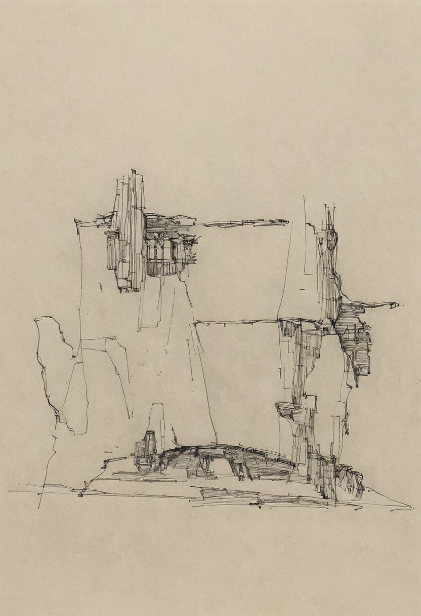 a professional hand sketch of architecture,
(POV view , DOF, first people view from the entrance, low angle shot:1.4),
(Ancient civilization, Alien Prometheus movie scene, dune movie scene:1.5), (The colonial city of the future, in the mist-filled Grand Canyon, on an unknown Earth-like planet, 2 moon on sky, Spaceship flight connects colonies, waterfulls:1.3), (Machu Picchu, a mountain settlement, incredibly spectacular:1.2), (Mario Botta:1.3), (avant-garde, future, reality, science fiction, photorealistic), (modern architecture:1.2), White limestone with black granite, fountain, waterfall, landmark, square, path, narrow street,
(Large Files, Ultra Realistic, 8K, 16k, FHD, HD, VFX, Perfect, Photography, composition, Architecture Sales Photography, Architecture Competition, Ultra High Resolution, Cinematography, High Resolution Image:1.1), (dramatic lighting, direct sunlight, ray tracing, clear shadow:1.2),  (real landscape:1.1), (blurred background:1.0), (urban background, more_details) ,
great lighting, extremely detailed, hillscastel, Neo Classic, Architecture sketch