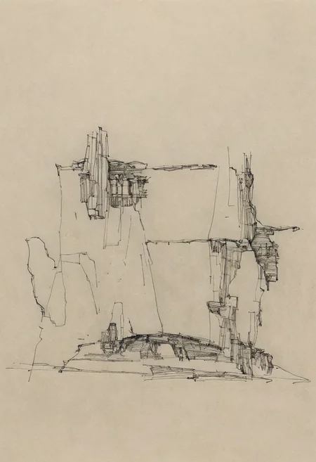 a professional hand sketch of architecture,
(POV view , DOF, first people view from the entrance, low angle shot:1.4),
(Ancient civilization, Alien Prometheus movie scene, dune movie scene:1.5), (The colonial city of the future, in the mist-filled Grand Canyon, on an unknown Earth-like planet, 2 moon on sky, Spaceship flight connects colonies, waterfulls:1.3), (Machu Picchu, a mountain settlement, incredibly spectacular:1.2), (Mario Botta:1.3), (avant-garde, future, reality, science fiction, photorealistic), (modern architecture:1.2), White limestone with black granite, fountain, waterfall, landmark, square, path, narrow street,
(Large Files, Ultra Realistic, 8K, 16k, FHD, HD, VFX, Perfect, Photography, composition, Architecture Sales Photography, Architecture Competition, Ultra High Resolution, Cinematography, High Resolution Image:1.1), (dramatic lighting, direct sunlight, ray tracing, clear shadow:1.2),  (real landscape:1.1), (blurred background:1.0), (urban background, more_details) ,
great lighting, extremely detailed, hillscastel, Neo Classic, Architecture sketch
