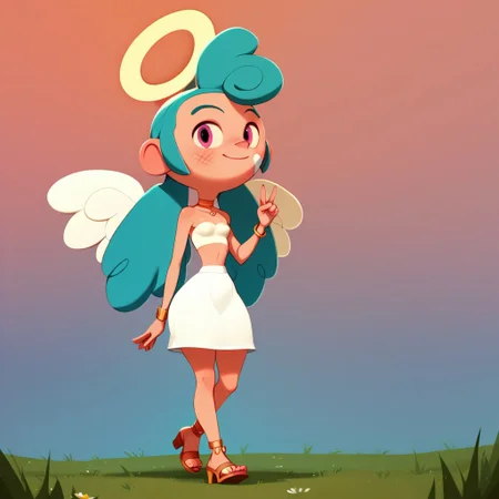 easynegative, zPDXL3, (((beautiful, high quality))), score_9, score_8_up, score_7_up, score_9, score_8_up, score_8, masterpiece, best quality, unrealistically high details, extremely high quality, ultra high detail, good anatomy, full body, BREAK ((angel girl, Nikki_Cc, 1girl, solo, turquoise hair, long hair, two pigtails, bright pink eyes, two white band-aids on her left cheek, scratches on her right cheek, mini angel wings, gold halo, angel halo over the head)), ((white skirt, mini skirt, neckline, gold hoop bracelets, heeled gladiator sandals, white tube top)), skinny body, smile, sultry look, midriff, looking at viewer, hip grab, hip squeeze, walking for viewer, v sign, night, field background, ((slender small breasts, narrow waist, wide hips)) (ray tracing, good shadows, score_9, score_8_up, score_7_up)