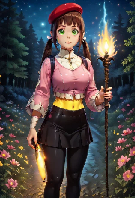 score_9, score_8_up, score_7_up, score_6_up, (ultra detailed, 8k, photorealism),1girl, lilia, beret, brown hair, twintails, green eyes, tight pink crop top, black skirt, big breast, holding a torch, in the dark, night time, lost in the forest, night sky, thick dense foliage, trees, flowers, unknown path, dark, shiny glow insects, painted in style Narrdack