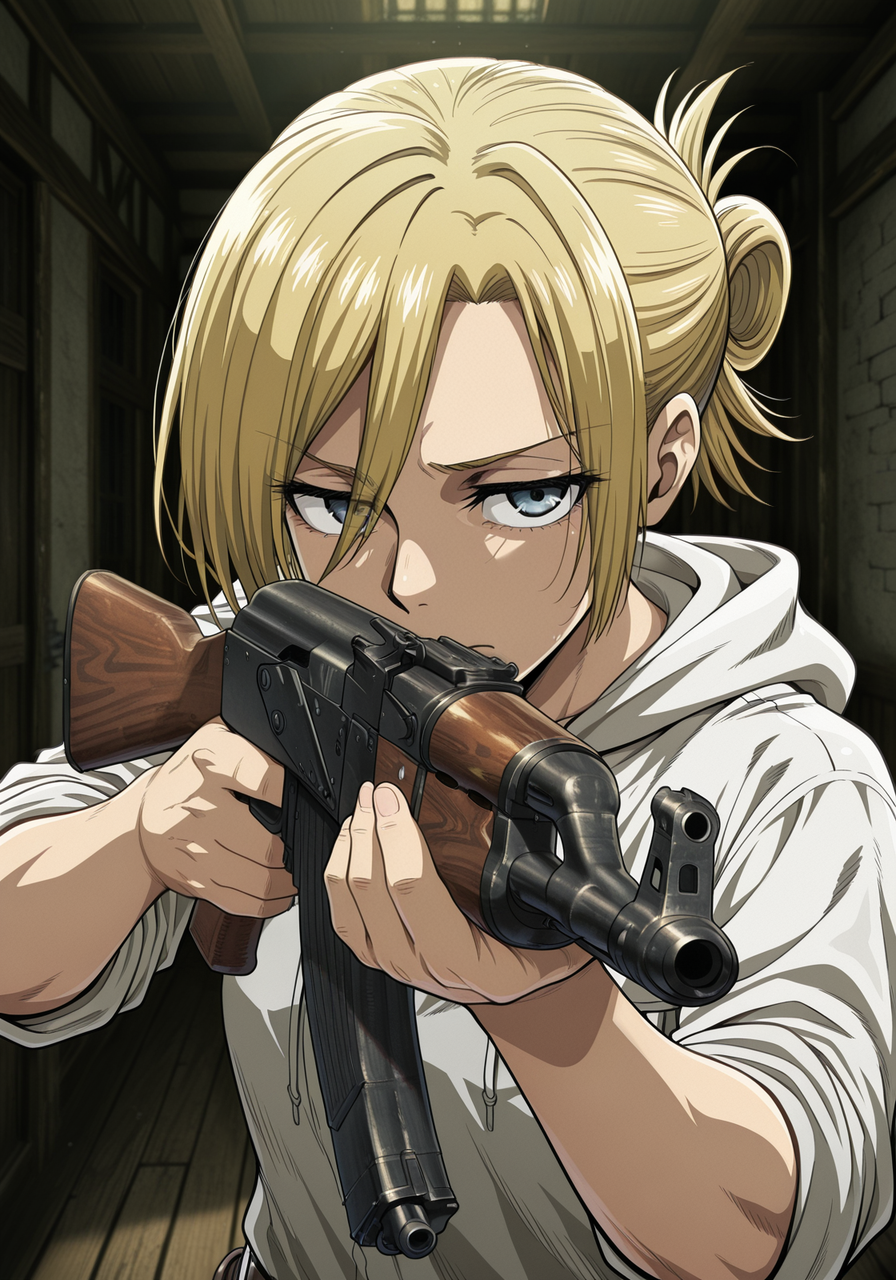 embedding:IllusP0s, ak-47, assault rifle, aiming, 1girl, Annie Leonhart_\(shingeki no kyojin\)<lora:ak-47.safetensors:1.0:1.0>