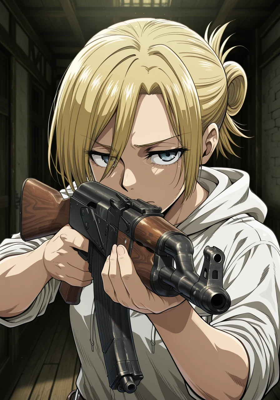 embedding:IllusP0s, ak-47, assault rifle, aiming, 1girl, Annie Leonhart_\(shingeki no kyojin\)<lora:ak-47.safetensors:1.0:1.0>