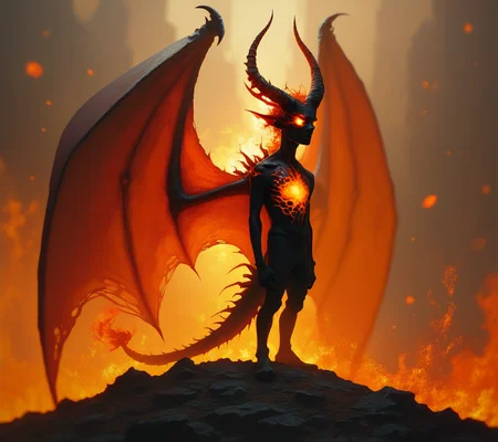 score_9, score_8_up, score_7_up, score_6_up,score_5_up, A powerful demon with burning eyes and jagged horns stands at the center of a fiery abyss, his massive wings casting a shadow over the land., highly detailed, gritty, cinematic, abstract <lora:ponys-dream:.9>