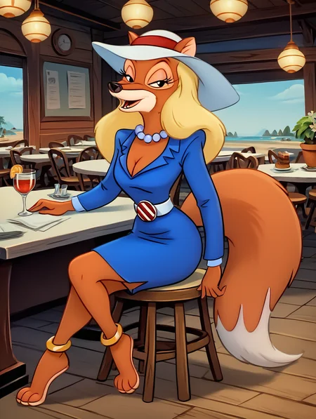 score_9, score_8_up, score_7_up, toon \(style\),ultra high quality,ultra high resolution,ultra ,full body, seductive, very realistic,(extremely detailed), detailed background,,(masterpiece, best quality, high quality, highres, ultra-detailed), ,long legs,fany restaurant,seductive open smile,open mouth,chairs,tables, <lora:Muffy_Vanderschmere_Talespin:0.9> an image of muffy, white headwear, toon (style), flat color, long hair, blonde hair, muffy, fox girl, cleavage, furry, pearl necklace, white belt, fox ears, fox tail, business suit, blue business suit, anklet, long eyelashes, brown fur
