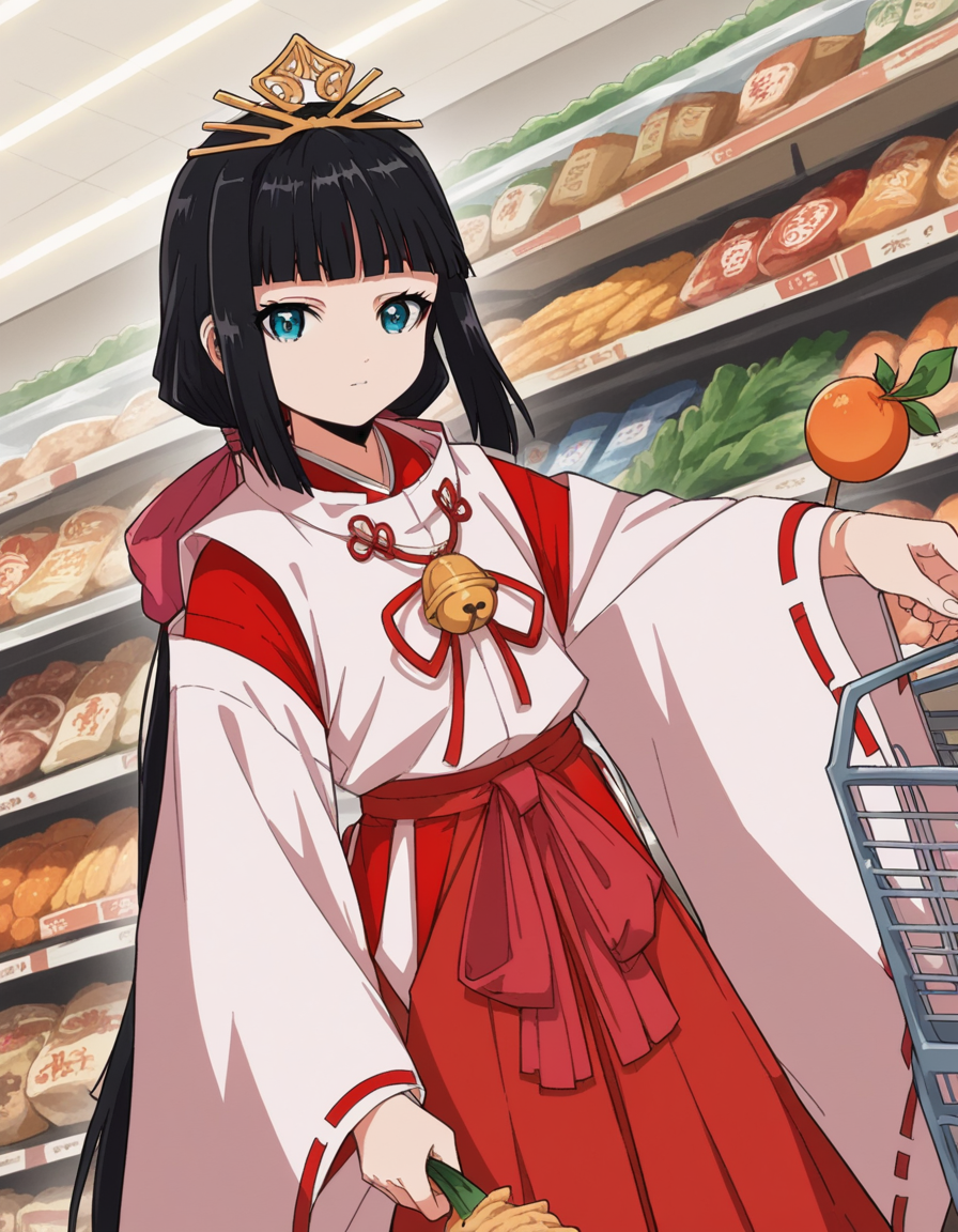 score_9, score_8_up, score_7_up, source_anime, <lora:nigewaka-shizuku-s1-ponyxl-lora-nochekaiser:1>, shizuku, long hair, bangs, blue eyes, black hair, blunt bangs,, japanese clothes, bell, miko, skirt, long sleeves, ribbon, wide sleeves, red ribbon, ribbon trim, hakama, hakama skirt, jingle bell, ribbon-trimmed sleeves, miko, red hakama,, grocery store, shopping cart, picking fruits, everyday life, , , looking at viewer, v,, solo,, cowboy shot, dutch angle