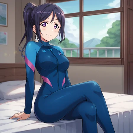 score_9, score_8_up, score_7_up, score_6_up, BREAK, 1girl, k4n4n, smile, blush, wetsuit, bodysuit, sitting on bed, crossed legs, bedroom, looking at viewer, window, <lora:k4n4nV6:1>