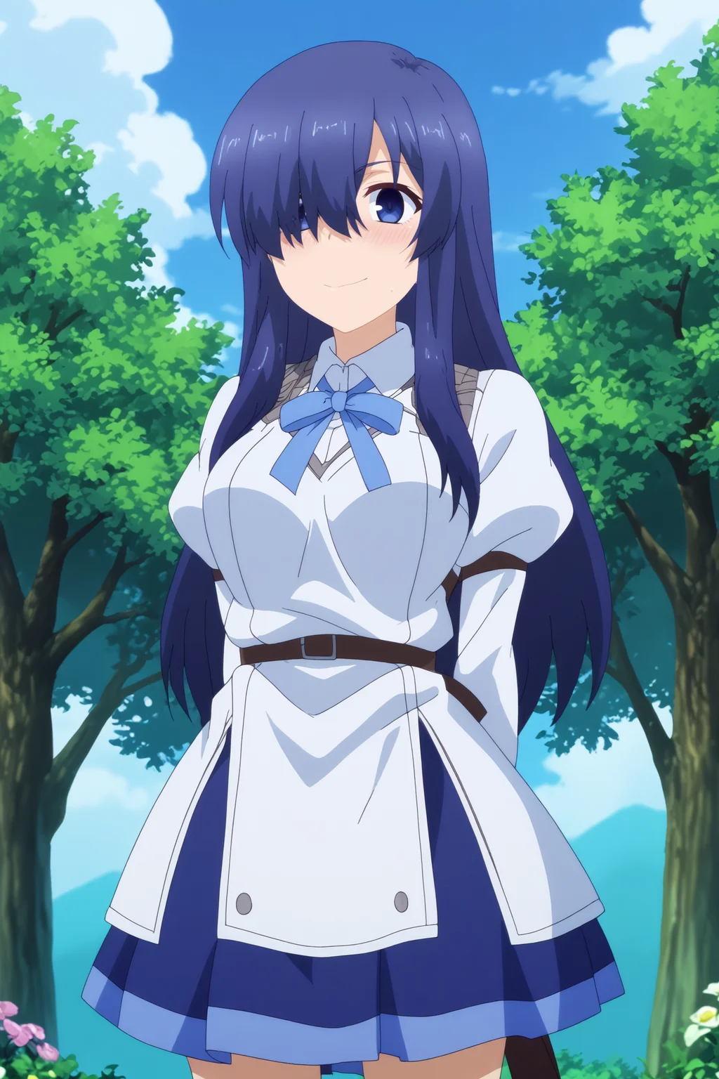 ayase ayatsuji,1girl,solo,long hair,breasts,school uniform,skirt,hair over one eye,purple eyes,blue hair,long sleeves,nanamori school uniform,standing,hands behind the back,smile BREAK outdoors,medieval school,blue sky,flower,sunshine <lora:Ayase_Ayatsuji_-_Rakudai_Kishi_no_Eiyuutan.safetensors:0.8> <lora:detailed_backgrounds_v2.safetensors:0.5>