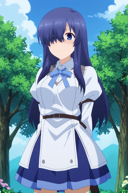 ayase ayatsuji,1girl,solo,long hair,breasts,school uniform,skirt,hair over one eye,purple eyes,blue hair,long sleeves,nanamori school uniform,standing,hands behind the back,smile BREAK outdoors,medieval school,blue sky,flower,sunshine <lora:Ayase_Ayatsuji_-_Rakudai_Kishi_no_Eiyuutan.safetensors:0.8> <lora:detailed_backgrounds_v2.safetensors:0.5>