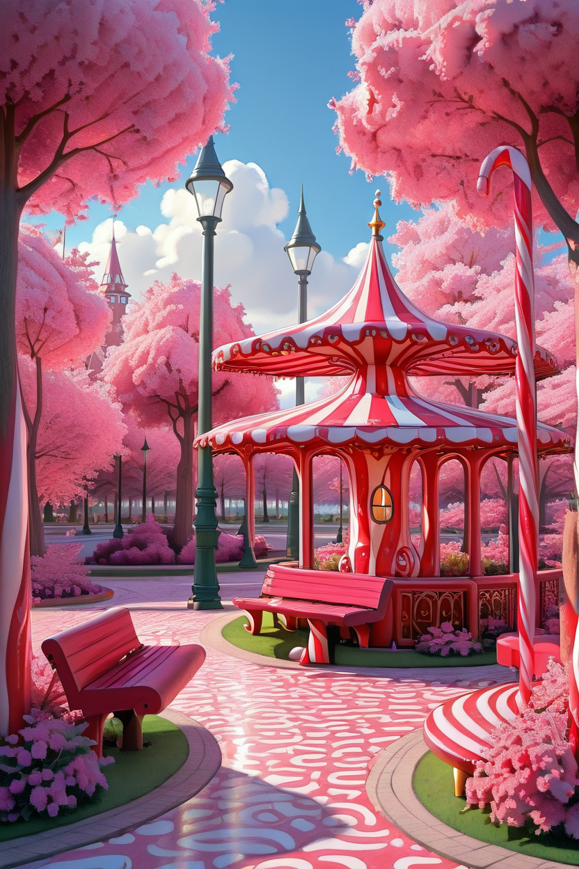 masterpiece, best quality,   CandyCaneMorph,   flower, outdoors, sky, day, cloud, tree, blue sky, cherry blossoms, scenery, bench, bush, lamppost, park   ,<lora:CandyCaneMorphIXL_v1:1.0>,