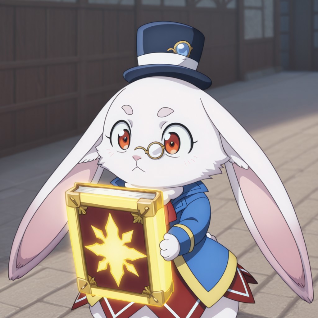 masterpiece, best quality, amazing quality, emulslfILv2, semi-anthro, female, rabbit, white fur, reddish orange eyes, dark blue top hat, red dress white trim, blue jacket yellow trim, red ascot, gold Monocle, holding out glowing book, outside