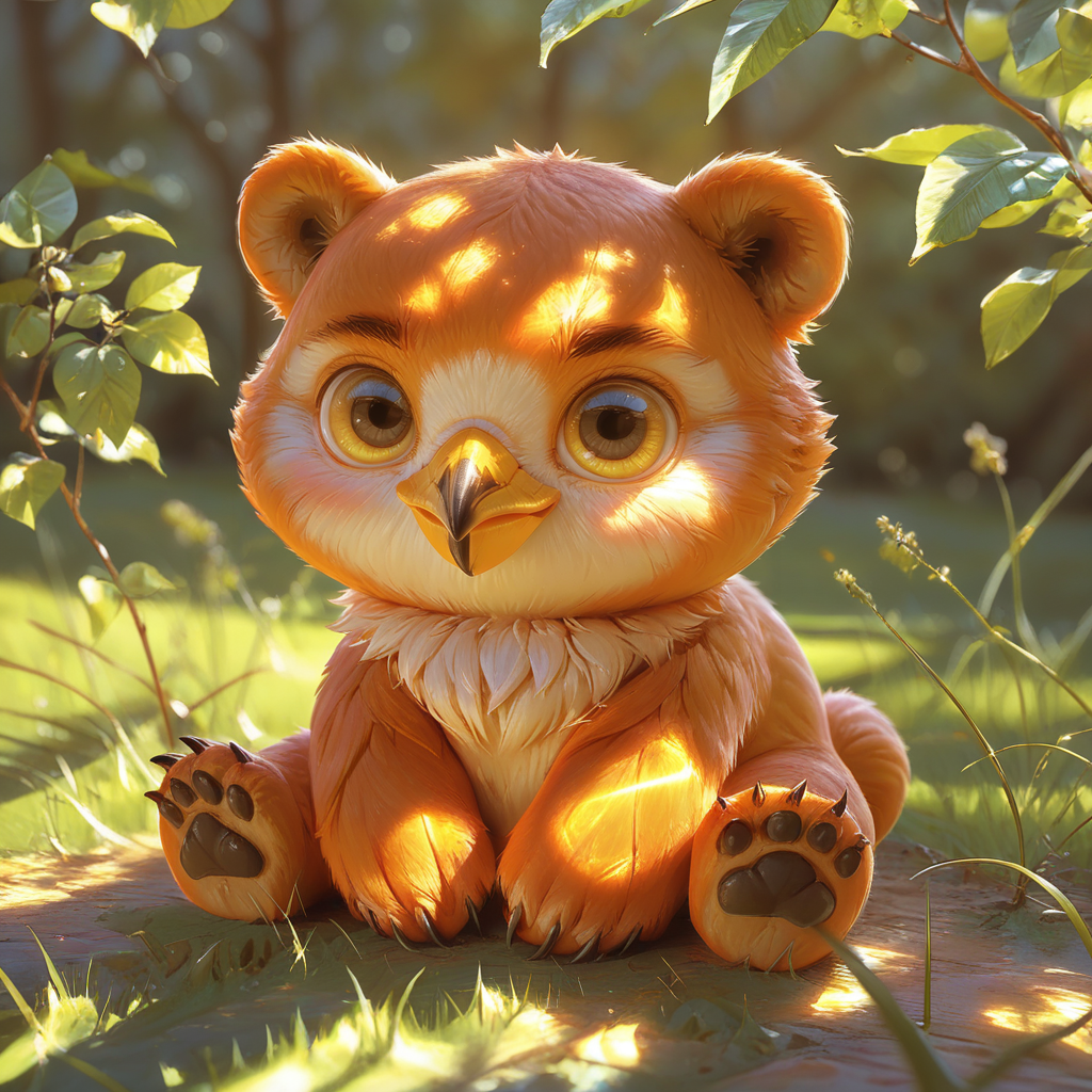 sref3915165969, cute little owlbear cub sitting on grass, beak, solo, <lora:sxz-sref3915165969:0.8> dappled sunlight