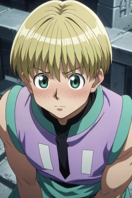 score_9, score_8_up, score_7_up, source_anime, rating_safe, , semi-realistic, , , 1boy, solo, male focus, <lora:shalnark_ryuseih_pony:0.9>, shalnark_ryuseih, blonde hair, green eyes, short hair, , from above, cemetery, dark, slouching, embarrassed, nose blush, , <lora:sdxl_lightning_8step_lora:1>
