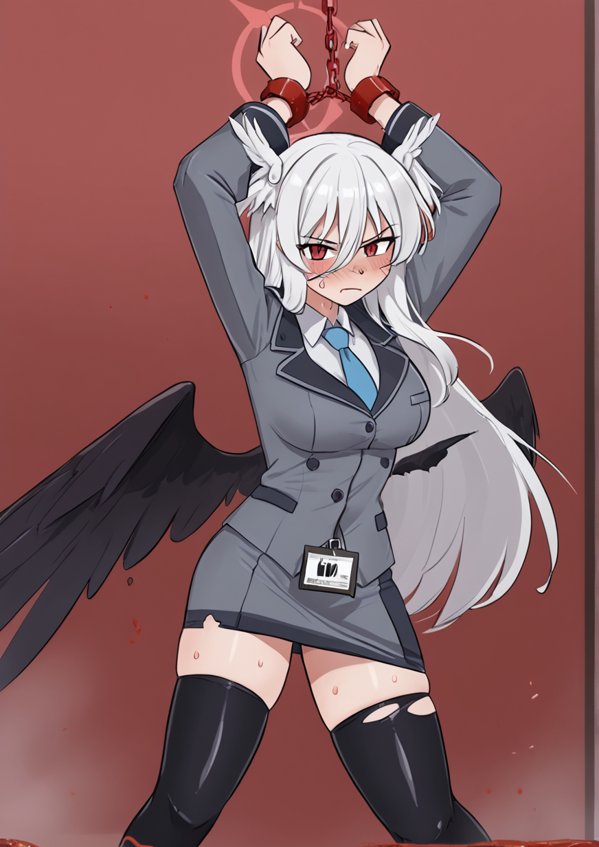 1girl, suzumi (blue archive), huge breast, arms up, black thighhighs, blood, blood on face, blush, bound, bound wrists, chain, closed mouth, cuffs, grey jacket, grey skirt, hair between eyes, head wings, id card, jacket, long hair, long sleeves, looking at viewer, miniskirt, red eyes, school uniform, single head wing, skirt, solo, sweat, thighhighs, torn clothes, torn thighhighs, very long hair, white hair, wings, zettai ryouiki,  <lora:the_kinky_quest:1>
