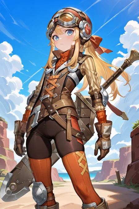 masterpiece, very aesthetic, absurdres, best quality, amazing quality, high resolution, newest, very awa. <lora:illustrious_quality_modifiers_masterpieces_v1:0.8> , <lora:ChamIllustriousBackgroundEnhancer:0.5>,  solo,  <lora:InzaghiIL:1> , InzDef, 1boy, blonde hair, sidelocks, long hair, blue eyes, goggles, goggles on head, goggles on headwear, helmet, armor, elbow pads, popped collar, layered shirt, cross-laced top, bodysuit under clothes, striped sleeves, long sleeves, orange thighhighs,  brown gloves, boots, exterior, blue sky, clouds, looking at viewer, weapon on back,