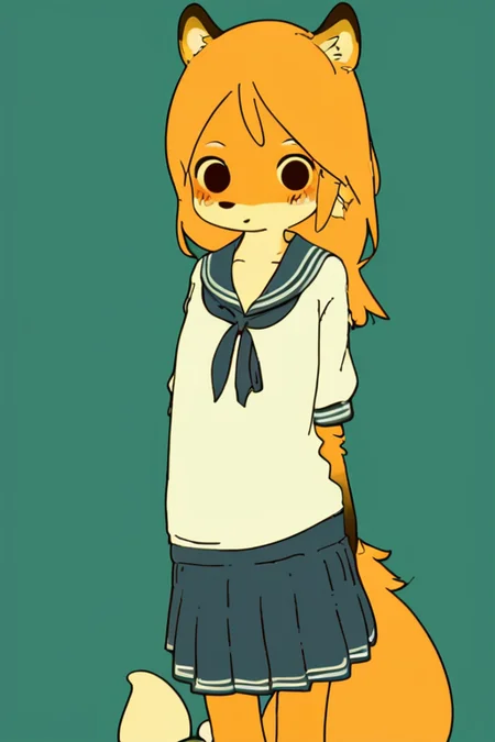 furry,by yagi the goat,fox girl,long hair,Short stature,Skinny body,solo,Short stature,Skinny body,score_9,score_8_up,score_7_up,(cute expression, cute face:1.1),simple background,looking at viewer,blush,early teen,flat chest,<lora:Yagi_the_Goat_ai:1>,sailor,skirt,sailor_dress,fox tail,