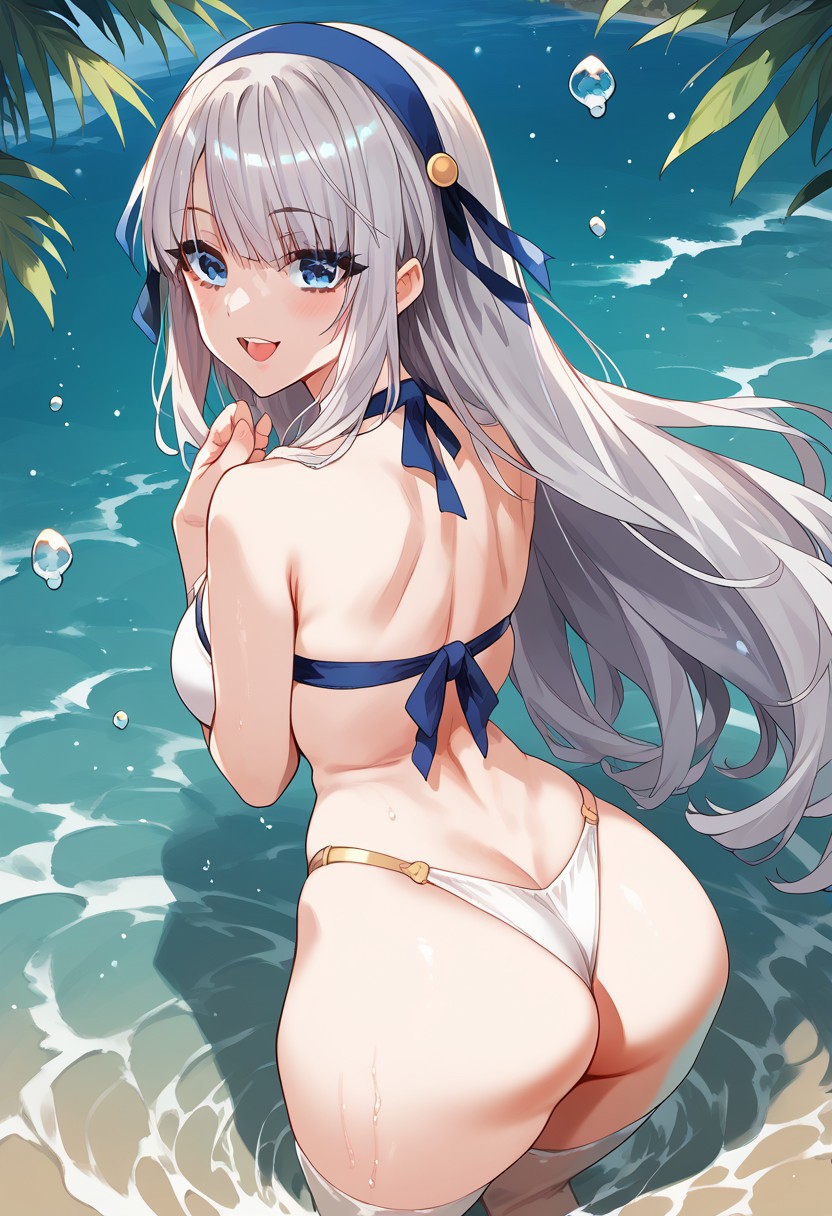 zPDXL3, score_9_up, score_8_up, score_7_up, (Anime_source), 1girl,Mylene, blue eyes, silver hair, long hair, cowboy shot, standing in water, looking at viewer, open mouth, smile, from behind, looking back, from above, palm trees, light blush, bikini, white theme, water waves, water drops, particles