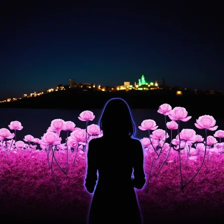 PStyl3, plasmatic bioluminescence carnation woman silhouette with a town background <lora:Maximalist_Drawing_BW:0.85>
