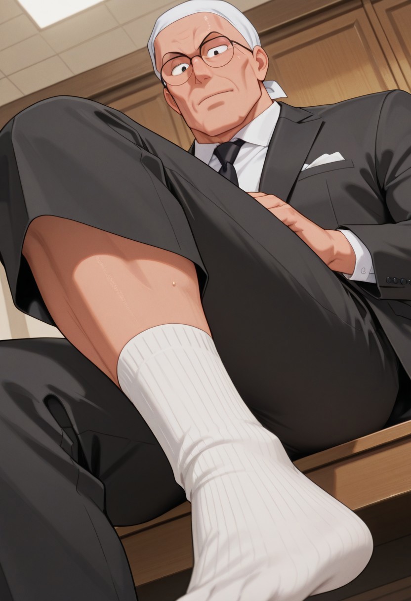 masterpiece, best quality, absurdres, newest, perfect quality, best quality, intricate details, BREAK, Saotome_Genma, Middle-aged man,  male focus, mature male, muscular, white cloth head wrap, glasses,, male focus, mature male, black eyes, (big eyes:1.4, detailed eyes:1.4), BREAK,  rating_explicit, from below, Dutch angle, formal suit, white shirt, black pants, black open jacket, (long white socks:1.4), posing, looking at viewer,  focus on the socks, feet, foot with socks straight into the screen, (big eyes:1.4)