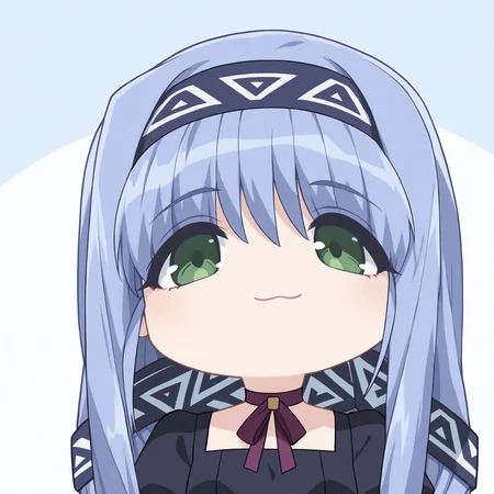masterpiece,best quality,newest,absurdres,highres,1girl,closed mouth,smile,no nose,solo,mutsuki face \(blue archive\),portrait,chibi,<lora:mutsukifacebaillusxl:1>,:3,
<lora:Reverie_Metherlence_illuV01_b3g2:1>,Reverie_EG,
blue hair,very long hair,low-tied long hair,green eyes,sidelocks,bangs,hair ribbon,triangle print black ribbon,
purple neck ribbon,black dress,juliet sleeves,