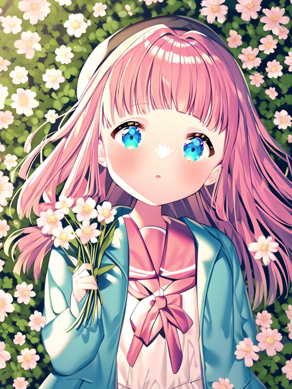 style ikari,
1girl,long hair,pink hair,bangs,beret,blue eyes,blush,sailor collar,pink bow,long sleeves,dress,white dress,jacket,blue jacket,open clothes,looking at viewer,outdoors,flower field,flower sea,flower,white flower,close-up,upper_body,holding flowers,
<lora:artist_all_in_one_2-000036:1>,