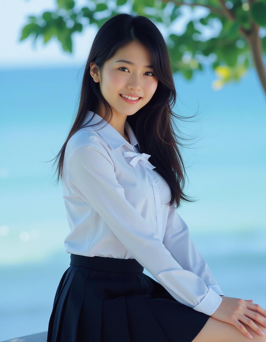 Against a soft, true gradient blue background, a stunning real large breasts Japanese woman with long, flowing dark hair, her piercing gaze directly addressing the viewer. skirt, belt, shirt, brown eyes, looking at viewer, white shirt, realistic, long sleeves, blue skirt, pleated skirt, lips , 