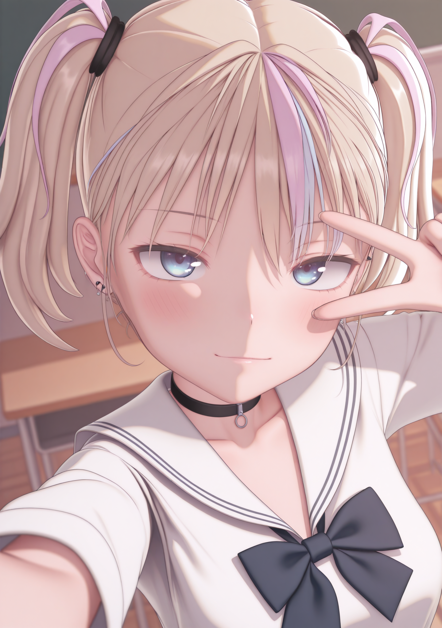 masterpiece,best quality,amazing quality,
1girl,solo,looking at viewer,<lora:cusudonsty:1>,cusudonsty,school uniform,clothed,multicolored hair,two-tone hair,short hair,choker,earrings,blonde hair,twintails,blue eyes,aged up,v over eye,light smile,classroom,dutch angle,selfie,