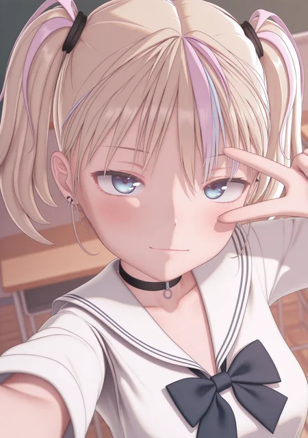 masterpiece,best quality,amazing quality,
1girl,solo,looking at viewer,<lora:cusudonsty:1>,cusudonsty,school uniform,clothed,multicolored hair,two-tone hair,short hair,choker,earrings,blonde hair,twintails,blue eyes,aged up,v over eye,light smile,classroom,dutch angle,selfie,