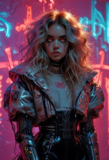 score_7_up, (score_9:1.1), (ugly:0.9),(pretty:1.4),1woman, adult, realistic, realism, hyper realistic, sparkling hair, floaty hair, wavy hair, (soft light coloured hair:1.3), (red iris, glowing iris, neon white pupils:1.3), looking at viewer, big hair, huge afro, zero gravity hair, detailed, perfect, perfection, hands, big scar across face,
BREAK,
((extra_puffy_jacket, black skirt, glossy lips, shiny skin)), full lips, hands behind back, (upper body:1.9), blocky shape cybernetics, cybernetics, cybernetic skin, raised eyebrow, pale skin, ((snub nose:1.4)), breasts, (prominent abs:1.1), focus upper body, sweating,
BREAK,
(neon background, future slums, neon, cybernetic background, mist:1.3),(cybernetic mechanical arm, prosthesis:1.3),
