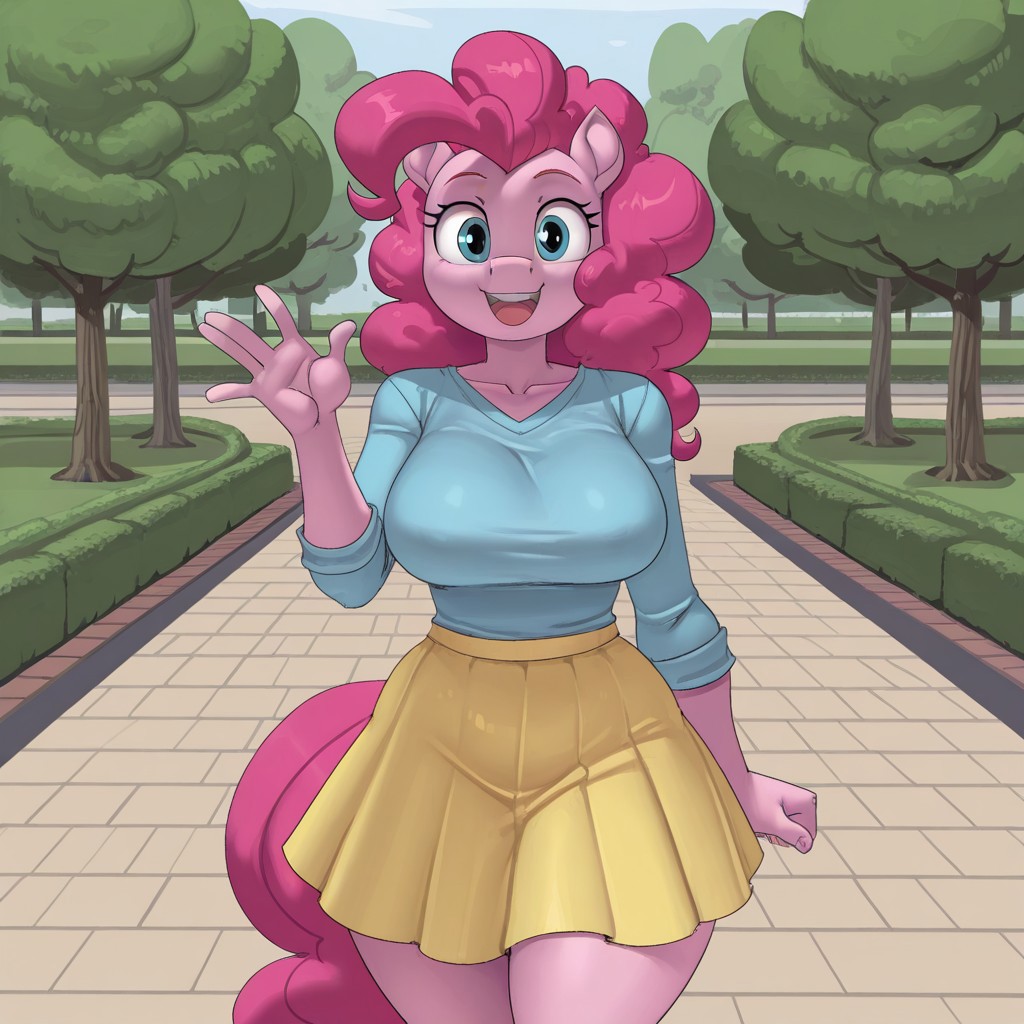 masterpiece, best quality, amazing quality,ByK3vSan,1girl, solo, pony,furry,furry female,breasts, pinkie pie, blue eyes,blue shirt, skirt, happy,cowboy shot, outdoors,waving at viewer, park, pov, looking at viewer,