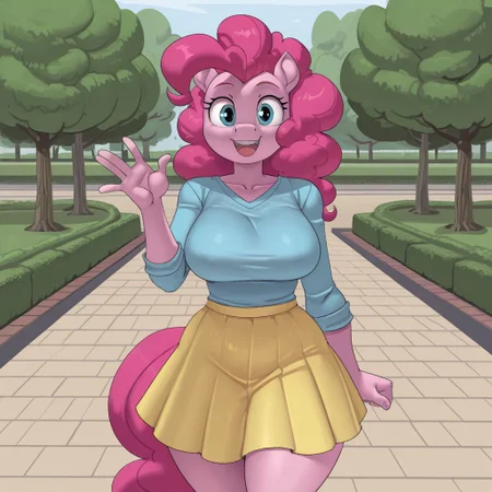 masterpiece, best quality, amazing quality,ByK3vSan,1girl, solo, pony,furry,furry female,breasts, pinkie pie, blue eyes,blue shirt, skirt, happy,cowboy shot, outdoors,waving at viewer, park, pov, looking at viewer,
