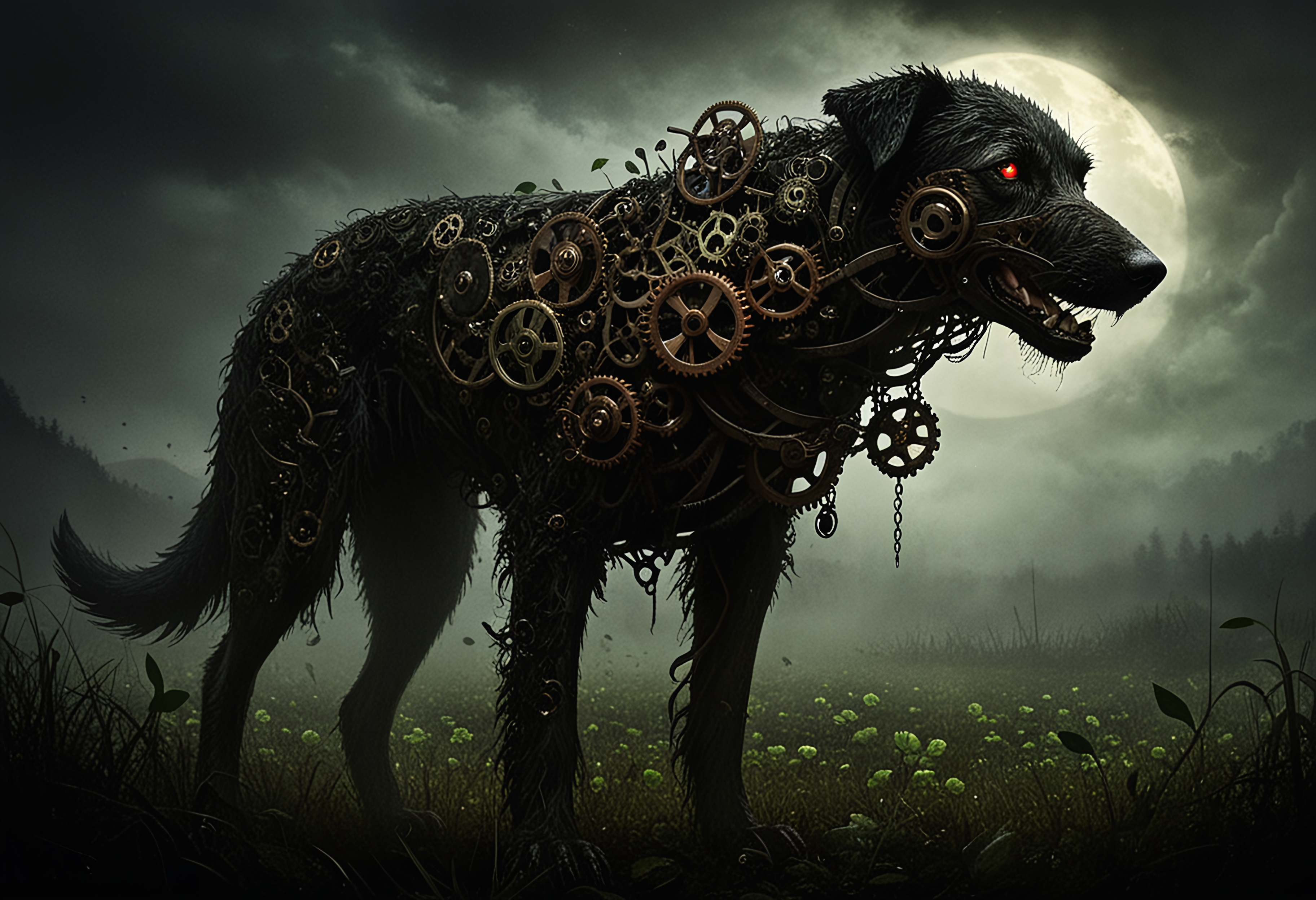 masterpiece, highly detailed, exterior, foggy night, misty field of green clover, clover around the edges, closeup, a menacing mechanical Irish wolfhound, black (fur made of gears), rusty old gears and cogs, old black iron, two glowing red eyes, looking at viewer, emerging from the dark, the black shuck of folklore, dark and menacing, portent of . <lora:gearstyle:1> <lora:zavy-cntrst-sdxl:1> dark, chiaroscuro, low-key